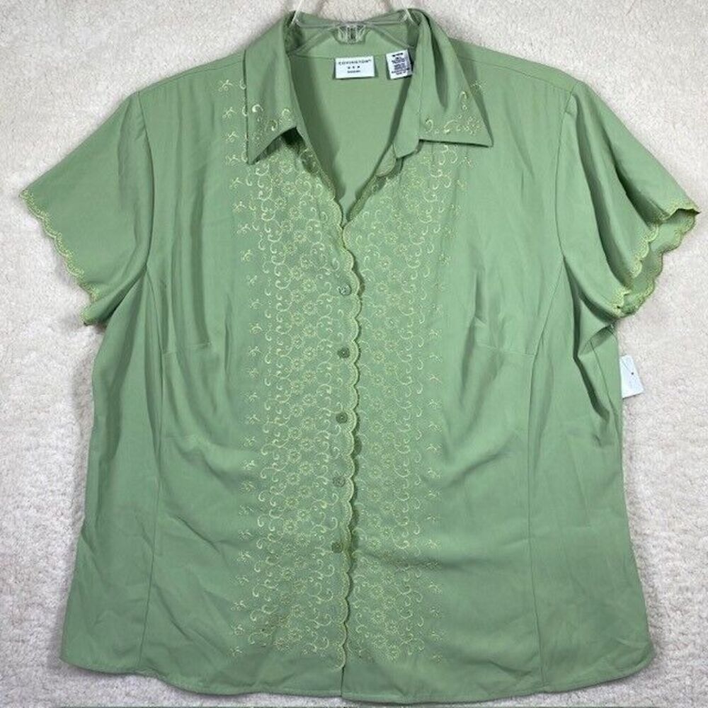 Covington Eyelet Blouse Womens 16/18W Green New Short Sleeve Scalloped Button Up